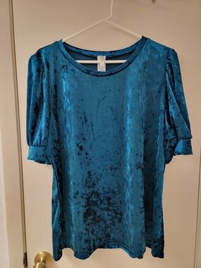 Acting Pro Teal Crushed Velvet Short Puff Sleeve Top